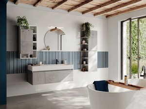 Meuble salle de bains Qubo 120 cm Gris oxyde avec lavabo Unitop Quadro en résine vasque à droite blanc rugueux