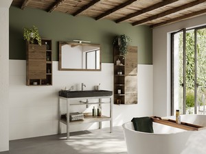 Meuble de salle de bains totem Purestone 100 cm inox satiné avec lavabo pierre naturelle Limestone noire
