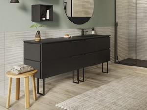 Meuble salle bains TOUCH 160 cm avec pieds, 4 tiroirs Phoenix noir mat, lavabo Unitop HIDE à droite effet pierre noir