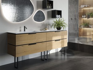 Meuble de salle de bains OXYGEN 160 cm à 4 tiroirs chêne à nœuds avec lavabo Unitop HIDE gauche en résine et pieds