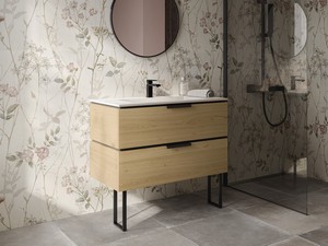 Meuble de salle de bains OXYGEN 90 cm à 2 tiroirs chêne à nœuds avec lavabo Unitop en résine TRENDY et pieds