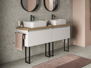 Mobile Bagno QUBO 140 cm 2 Cassetti Bianco Matrix/Sherwood con Toppino e Staffe di supporto a terra