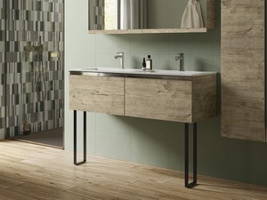 SMART 120 CM NATURAL OAK BATHROOM CABINET WITH DOUBLE MARBLE SINK AND FLOOR SUPPORT BRACKETS