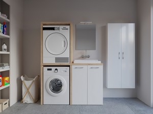 Meuble buanderie BONK 140 cm pour lave-linge et sèche-linge 2 portes et bac à laver à droite blanc brillant/chêne