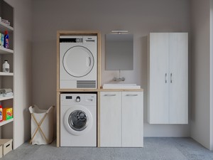 Meuble buanderie BONK 140 cm pour lave-linge et sèche-linge 2 portes et bac à laver à droite blanc matrix/chêne