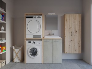 Waschküchenmöbel BONK 140 cm Waschmaschinen-und Trocknerschrank 2 Türen und Waschtrog rechts, Zement/Asteiche