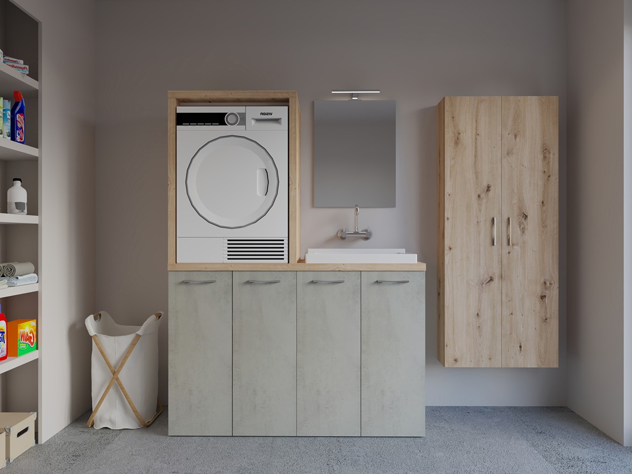 Meuble buanderie BONK 140 cm pour lave-linge et sèche-linge 4 portes et