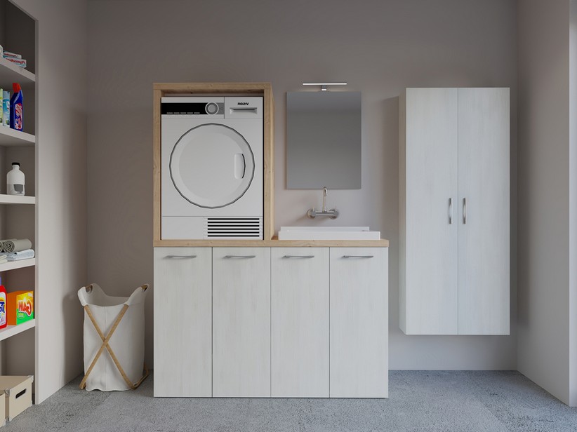 Mobile lavanderia 140 cm con lavabo dx e colonna porta lavatrice e  asciugatrice bianco e frassino 