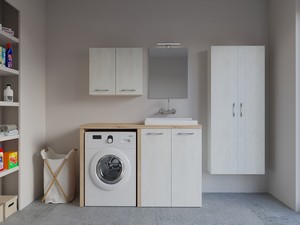Waschküchenmöbel BONK 140 cm Waschmaschinenschrank 2 Türen und Waschtrog rechts, Weiß Matrix/Asteiche