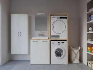 Meuble buanderie BONK 140 cm pour lave-linge et sèche-linge 2 portes et bac à laver à gauche blanc matrix/chêne