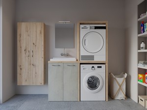 Meuble buanderie BONK 140 cm pour lave-linge et sèche-linge 2 portes et bac à laver à gauche ciment/chêne