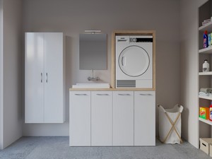 Waschküchenmöbel BONK 140 cm Waschmaschinen-und Trocknerschrank 4 Türen und Waschtrog links, Weiß glänzend/Asteiche