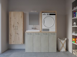 Waschküchenmöbel BONK 140 cm Waschmaschinen-und Trocknerschrank 4 Türen und Waschtrog links, Zement/Asteiche