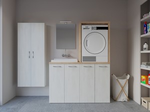 Meuble buanderie BONK 140 cm pour lave-linge et sèche-linge 4 portes et bac à laver à gauche blanc matrix/chêne