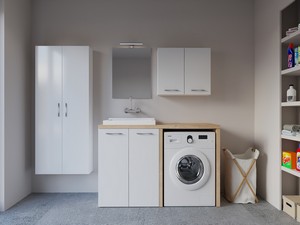 Meuble buanderie BONK 140 cm pour lave-linge 2 portes et bac à laver à gauche blanc brillant/chêne