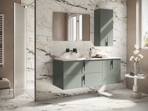 Badmöbel DESK 140 cm Grün matt - Griffe Schwarz matt und Waschbecken HIDE Weiß matt