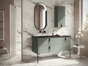 Badmöbel DESK 140 cm Grün matt - Griffe Schwarz matt und Waschbecken HIDE Pietra Schwarz