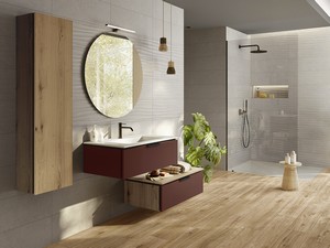 Meuble salle de bains TOUCH 90 cm 1 tiroir rouge grenat mat et lavabo intégré TRENDY blanc brillant