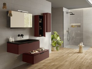 Meuble salle de bains TOUCH 90 cm 1 tiroir rouge grenat mat et lavabo intégré HIDE effet pierre noir semi-brillant