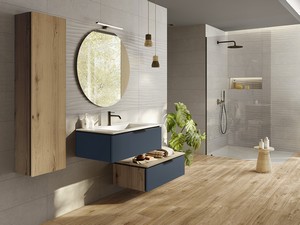 Meuble salle de bains TOUCH 90 cm 1 tiroir bleu nuit mat et lavabo intégré HIDE blanc brillant
