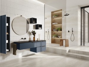 Mobile Bagno TOUCH 160 cm 3 Cassetti Azzurro Opaco e Lavabo Unitop Sinistro in Resina effetto Pietra Nero semilucido