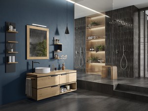 Mobile Bagno OXYGEN 140 cm 3 Cassetti e Vano a Giorno DX con Top 4,5 cm in Legno Naturale Rovere Nodi