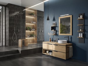 Mobile Bagno OXYGEN 140 cm 3 Cassetti e Vano a Giorno SX con Top 4,5 cm in Legno Naturale Rovere Nodi