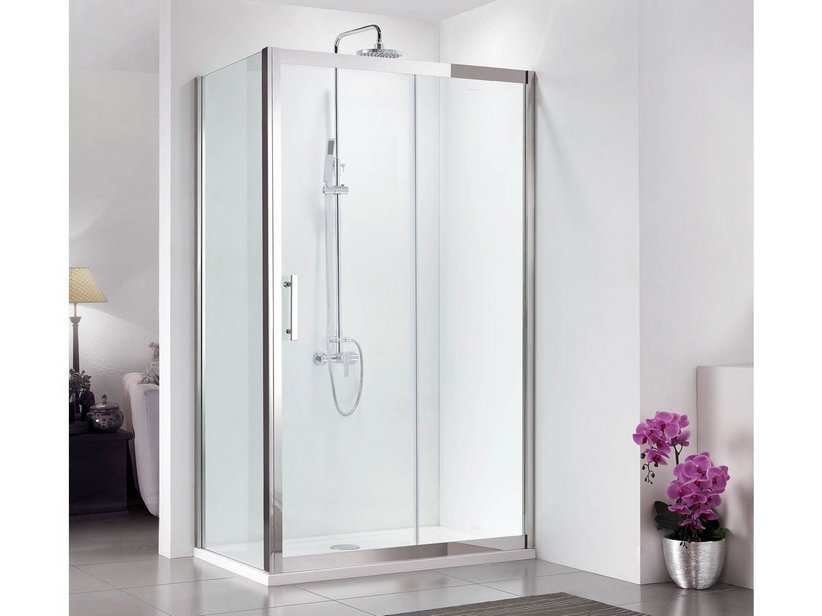 Cabine de douche d'angle Zeus 70x140 h200 porte coulissante et paroi latérale verre transparent 8 mm inox brillant effet miroir