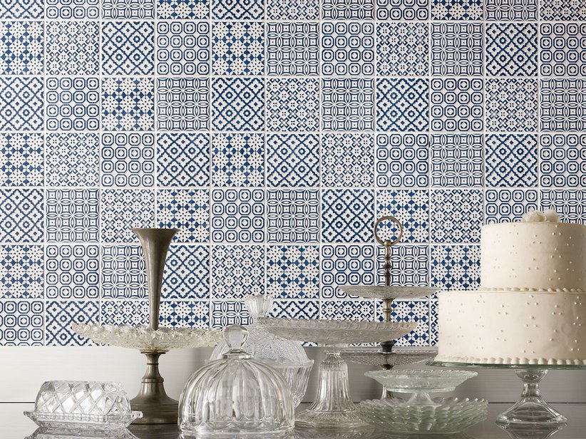 Carrelage Batik décor cobalt 10x10 patchwork bleu