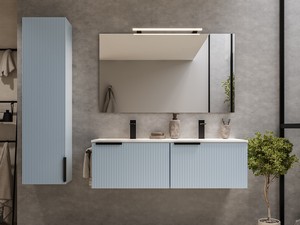 Meuble salle de bains AVIVO 120 cm 2 tiroirs cannelé bleu mat et lavabo en résine blanc brillant