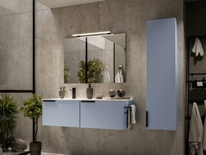 Meuble salle de bains AVIVO 120 cm 2 tiroirs cannelé bleu mat et lavabo céramique gauche blanc brillant