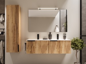 Meuble salle de bains AVIVO 120 cm 2 tiroirs cannelé chêne clair et lavabo céramique blanc brillant
