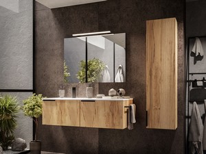 Meuble salle de bains AVIVO 120 cm 2 tiroirs cannelé chêne clair et lavabo céramique gauche blanc brillant