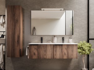 Meuble salle de bains AVIVO 120 cm 2 tiroirs cannelé chêne foncé et lavabo céramique blanc brillant