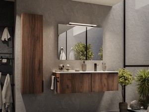 Meuble salle de bains AVIVO 120 cm 2 tiroirs cannelé chêne foncé et lavabo céramique droite blanc brillant