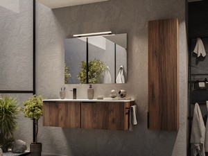Meuble salle de bains AVIVO 120 cm 2 tiroirs cannelé chêne foncé et lavabo céramique gauche blanc brillant