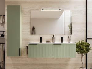 Meuble salle de bains AVIVO 120 cm 2 tiroirs cannelé vert mat et lavabo céramique blanc brillant