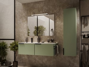Meuble salle de bains AVIVO 120 cm 2 tiroirs cannelé vert mat et lavabo céramique gauche blanc brillant