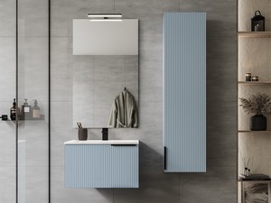 Meuble salle de bains AVIVO 60 cm 1 tiroir cannelé bleu mat et lavabo en résine blanc brillant