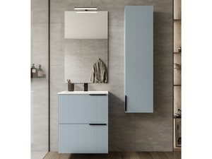 Meuble salle de bains AVIVO 60 cm 2 tiroirs cannelé bleu mat et lavabo en résine blanc brillant