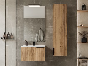 Meuble salle de bains AVIVO 60 cm 1 tiroir cannelé chêne clair et lavabo en résine HIDE blanc brillant
