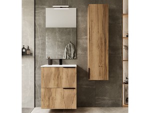 Meuble salle de bains AVIVO 60 cm 2 tiroirs cannelé chêne clair et lavabo en résine HIDE blanc brillant