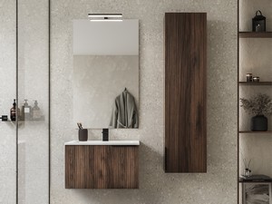 Meuble salle de bains AVIVO 60 cm 1 tiroir cannelé chêne foncé et lavabo en résine blanc brillant