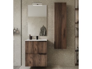 Meuble salle de bains AVIVO 60 cm 2 tiroirs cannelé chêne foncé et lavabo céramique blanc brillant