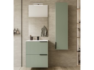 Meuble salle de bains AVIVO 60 cm 2 tiroirs cannelé vert mat et lavabo céramique blanc brillant