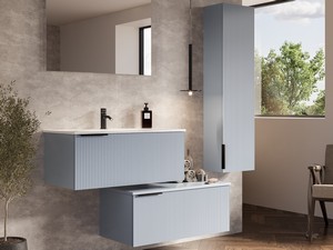 Meuble salle de bains AVIVO 90 cm 1 tiroir cannelé bleu mat et lavabo céramique blanc brillant