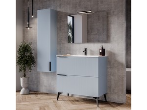 Meuble salle de bains AVIVO 90 cm 2 tiroirs cannelé bleu mat et lavabo en résine blanc brillant