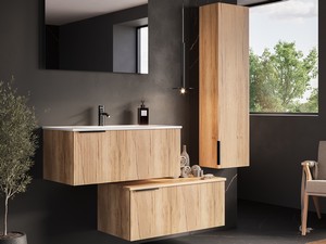 Meuble salle de bains AVIVO 90 cm 1 tiroir cannelé chêne clair et lavabo en résine blanc brillant