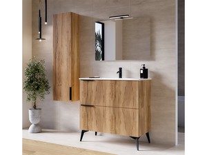 Meuble salle de bains AVIVO 90 cm 2 tiroirs cannelé chêne clair et lavabo en résine blanc brillant