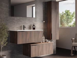 Meuble salle de bains AVIVO 90 cm 1 tiroir cannelé chêne foncé et lavabo en résine blanc brillant